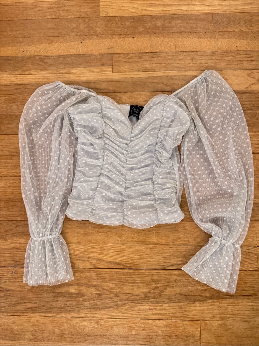 Madi Mase Women's Blue Gray Ruched Polka Dot Long Sleeve Top - Size XS
 b46